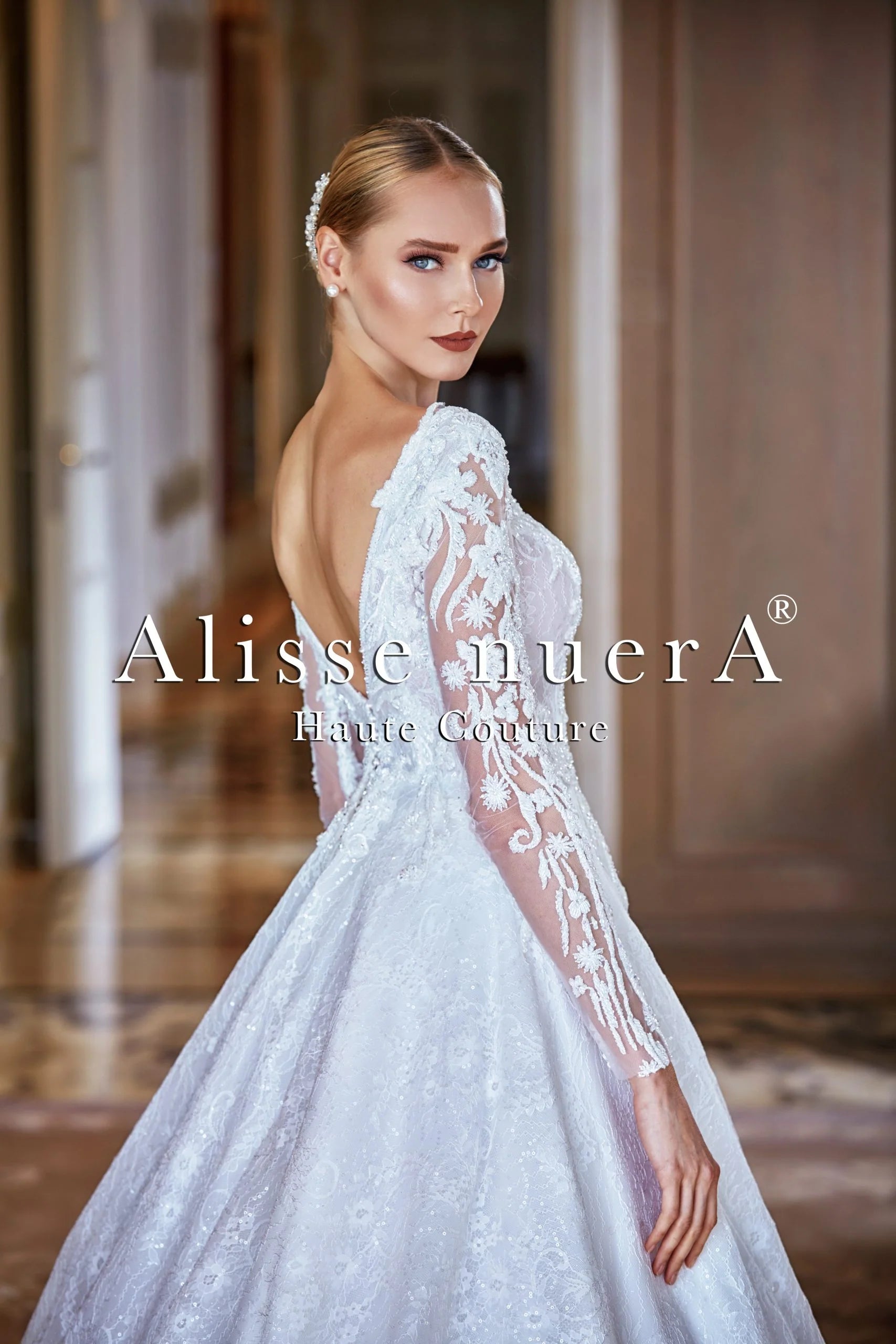 Off White Long Sleeve Plunging Neck A Line Bridal Dress with Court Tra Alisse Bridal Off White Long Sleeve Plunging Neck A Line Bridal Dress with Court Tra Alisse Bridal