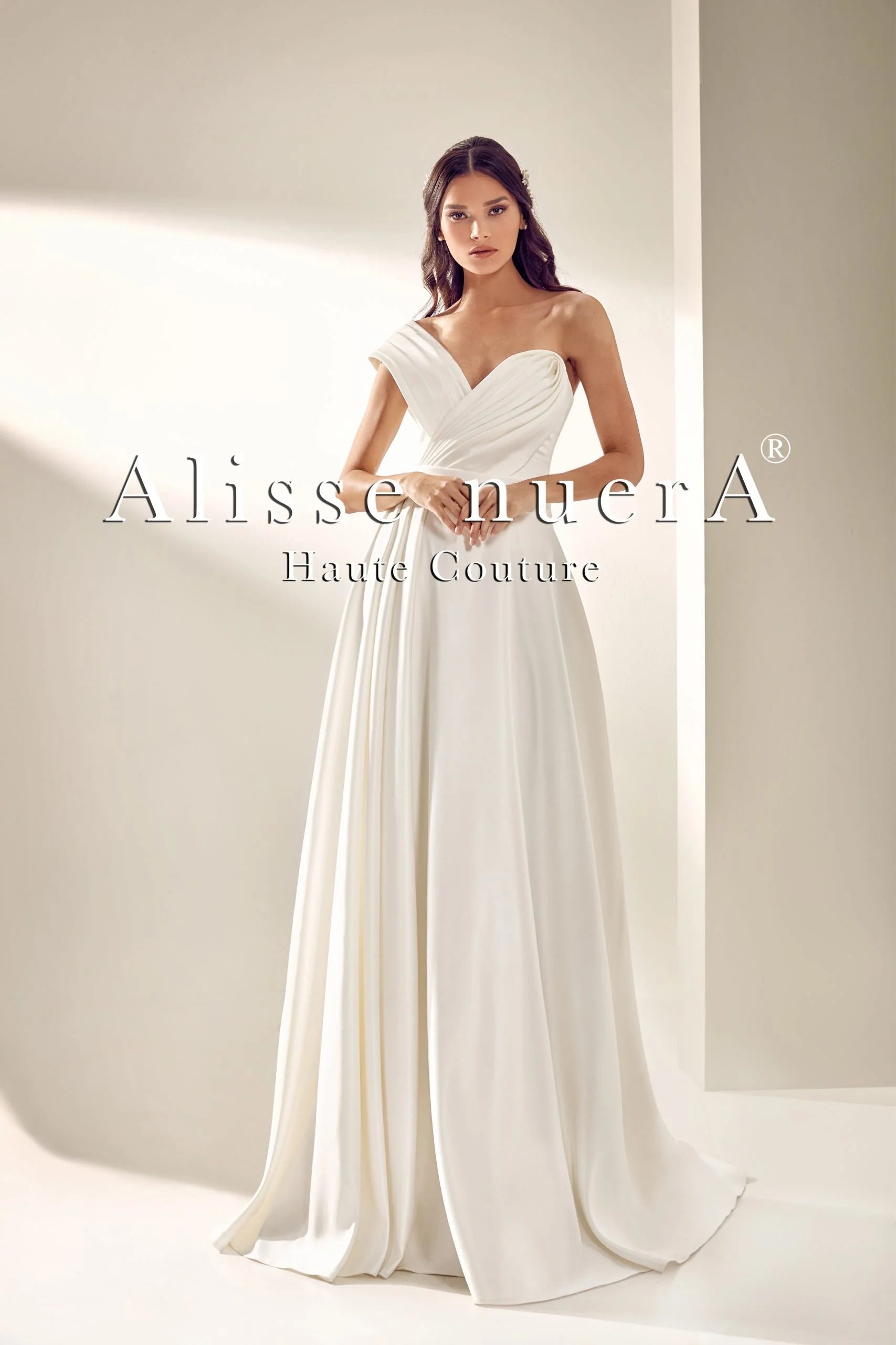 One Shoulder Draped Off White Satin Grecian Bridal Dress