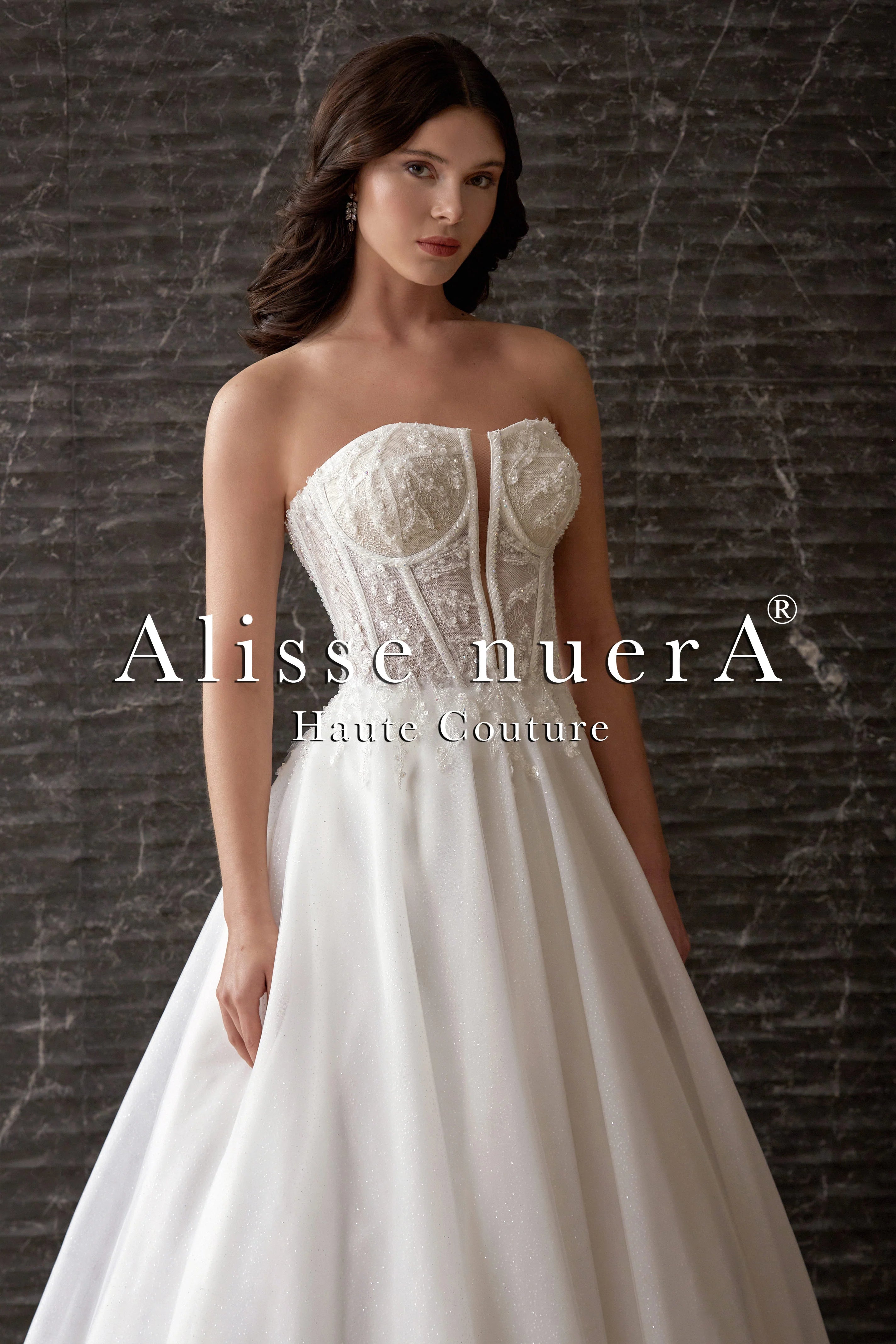 Plunging Corset Top Floral Sequined Shiny Tulle Fairy Bridal Dress Off White / Lace / Tulle / 2 Plunging Corset Top Floral Sequined Shiny Tulle Fairy Bridal Dress Off White / Lace / Tulle / 2