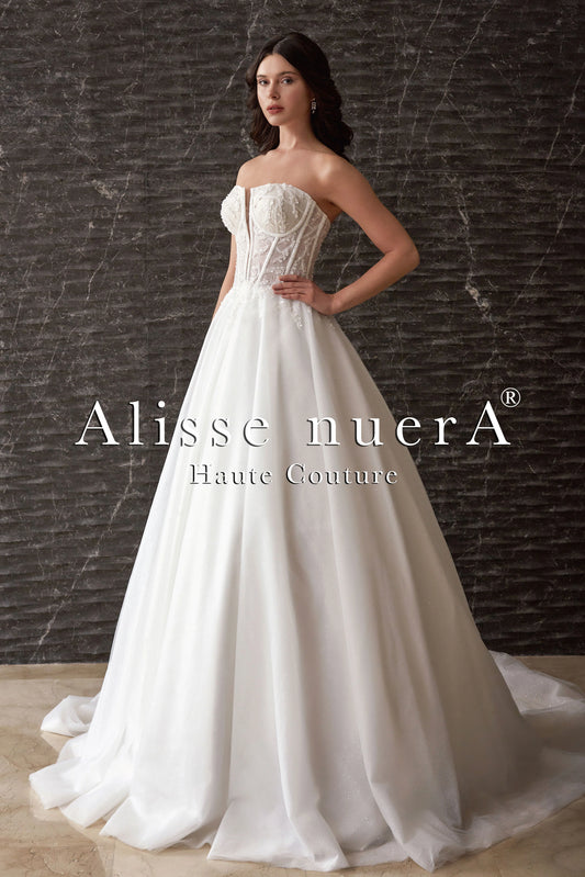 Plunging Corset Top Floral Sequined Shiny Tulle Fairy Bridal Dress