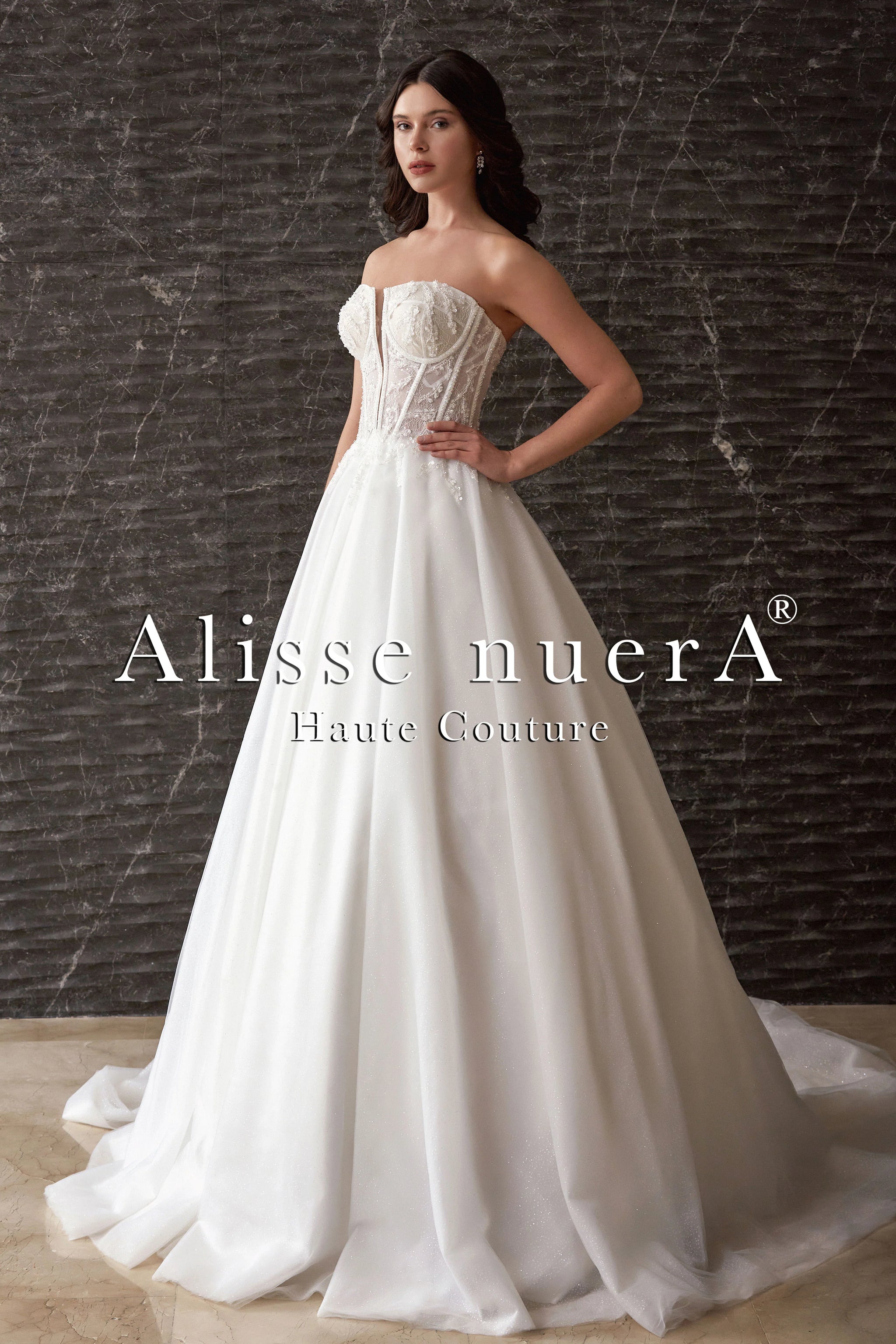 Plunging Corset Top Floral Sequined Shiny Tulle Fairy Bridal Dress