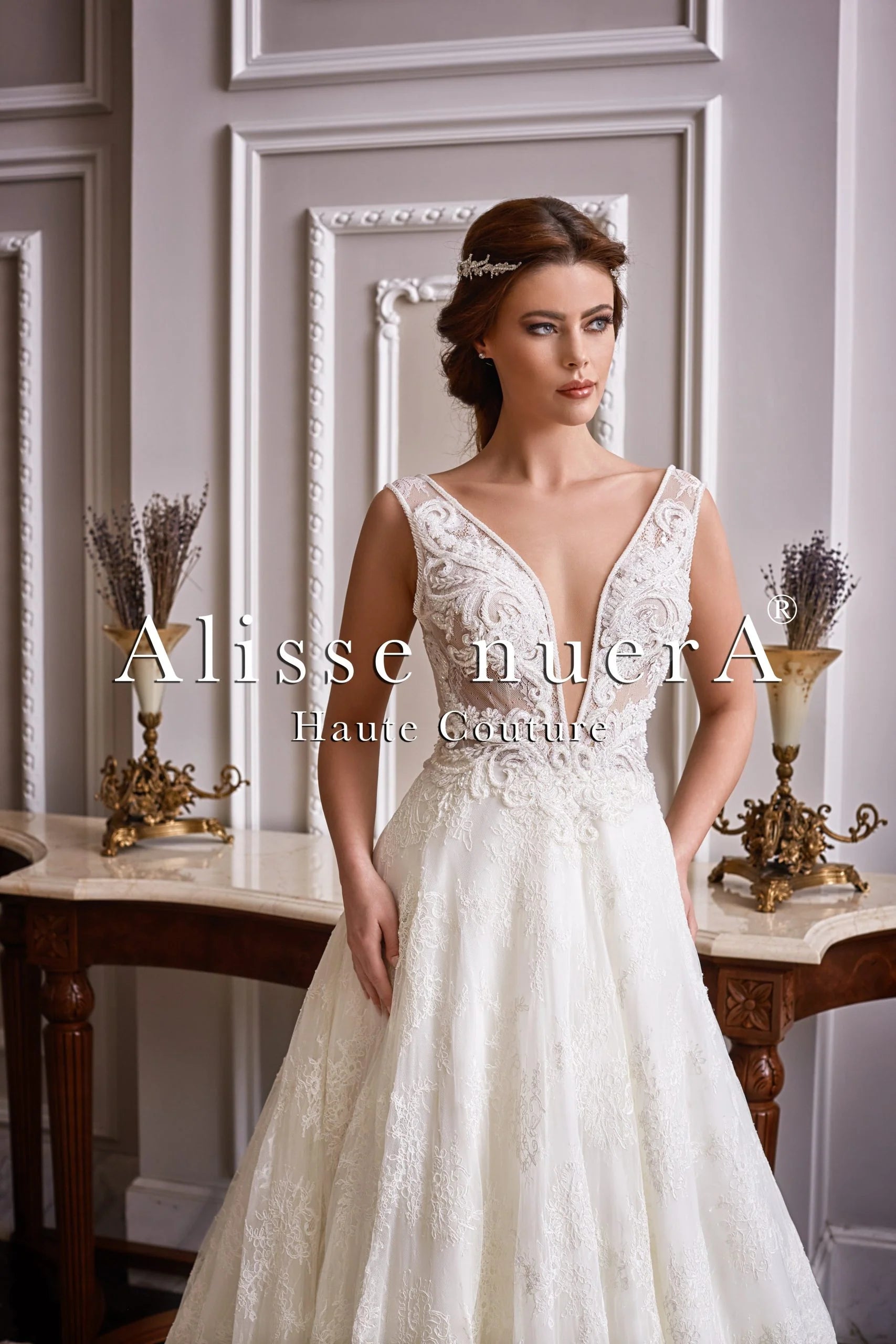 Plunging Ivory A Line Backless Bridal Dress with Lace Embroidery