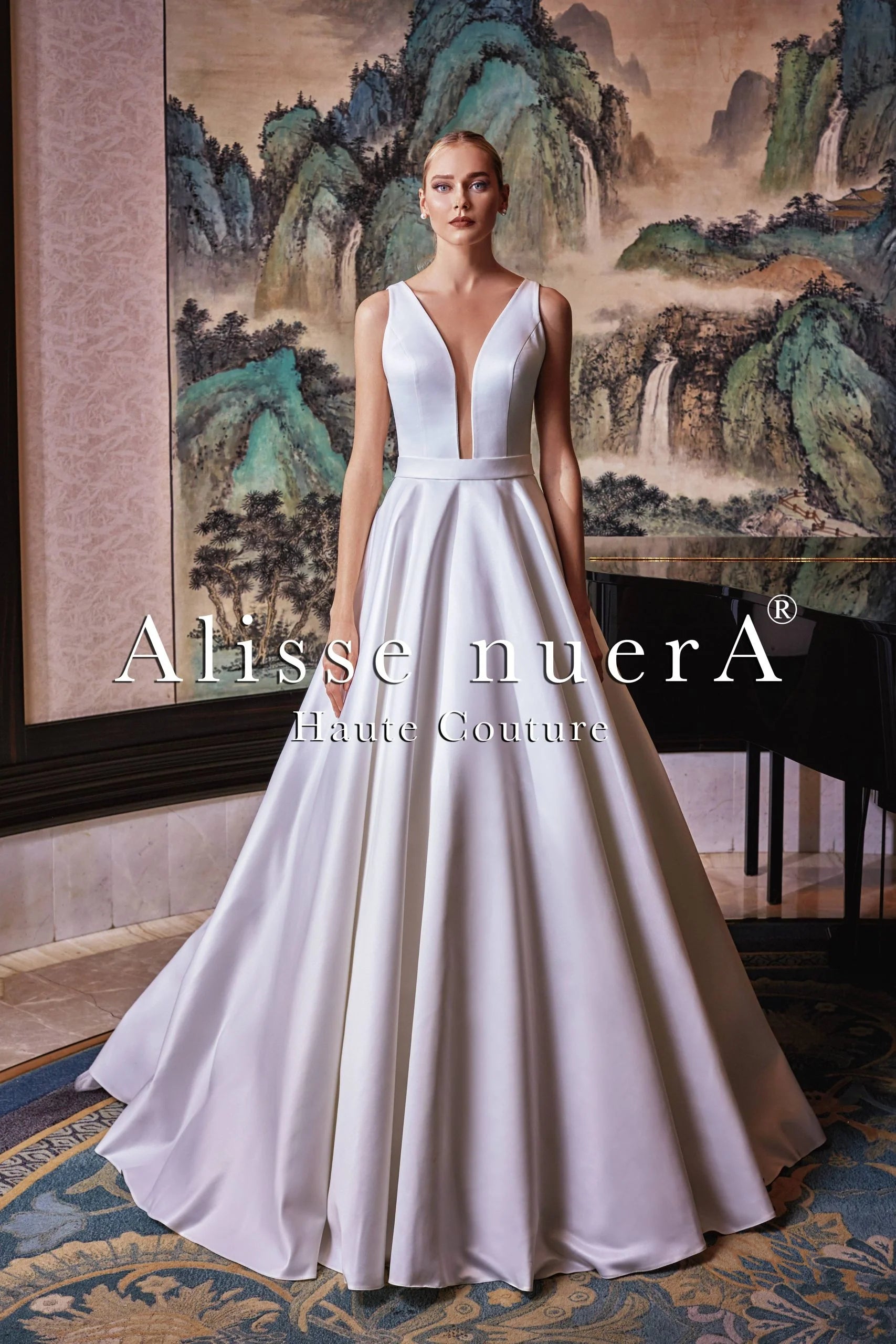 satin off white wedding dress White Satin A-line V-neck Sweep Train Wedding Dresses, Bridal Dress, MW695