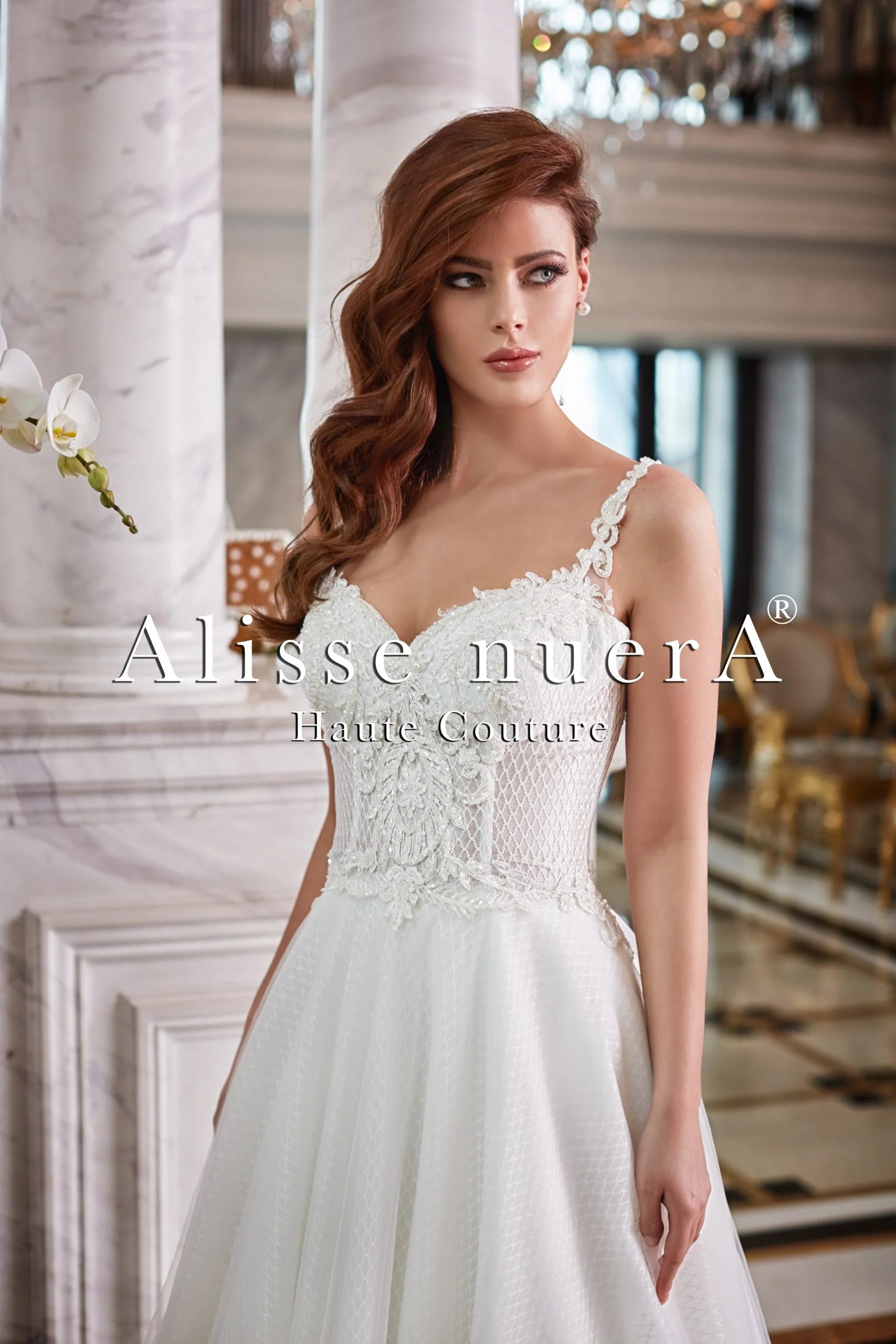 Romantic Embroidery Design Criss Cross Open Back Fishnet Tulle Wedding Dress Off White / Lace
