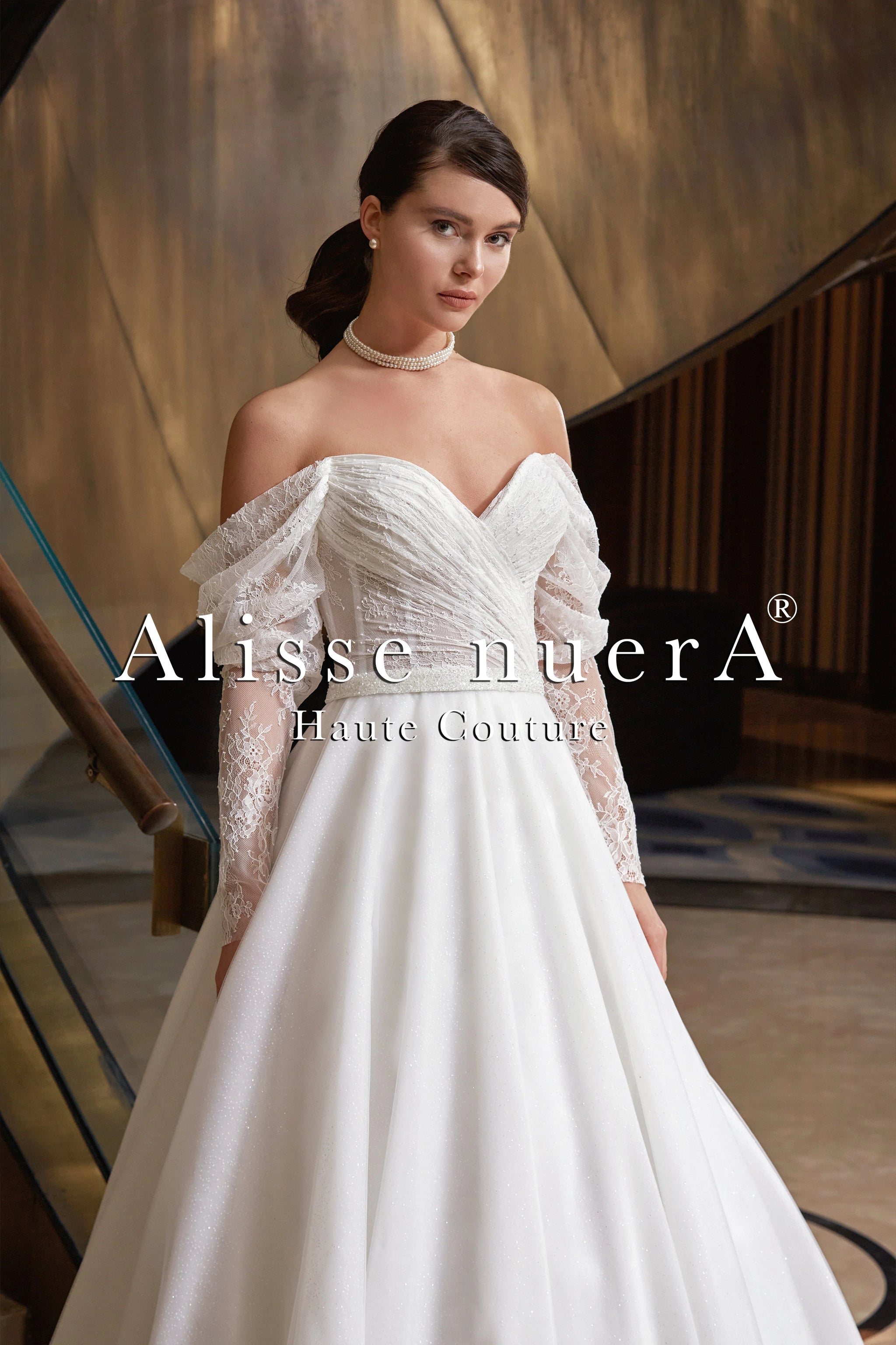 Romantic Off Shoulder Drape Sleeve Surplice Bridal Gown with Sparkling Stone Belt Off White / Lace
