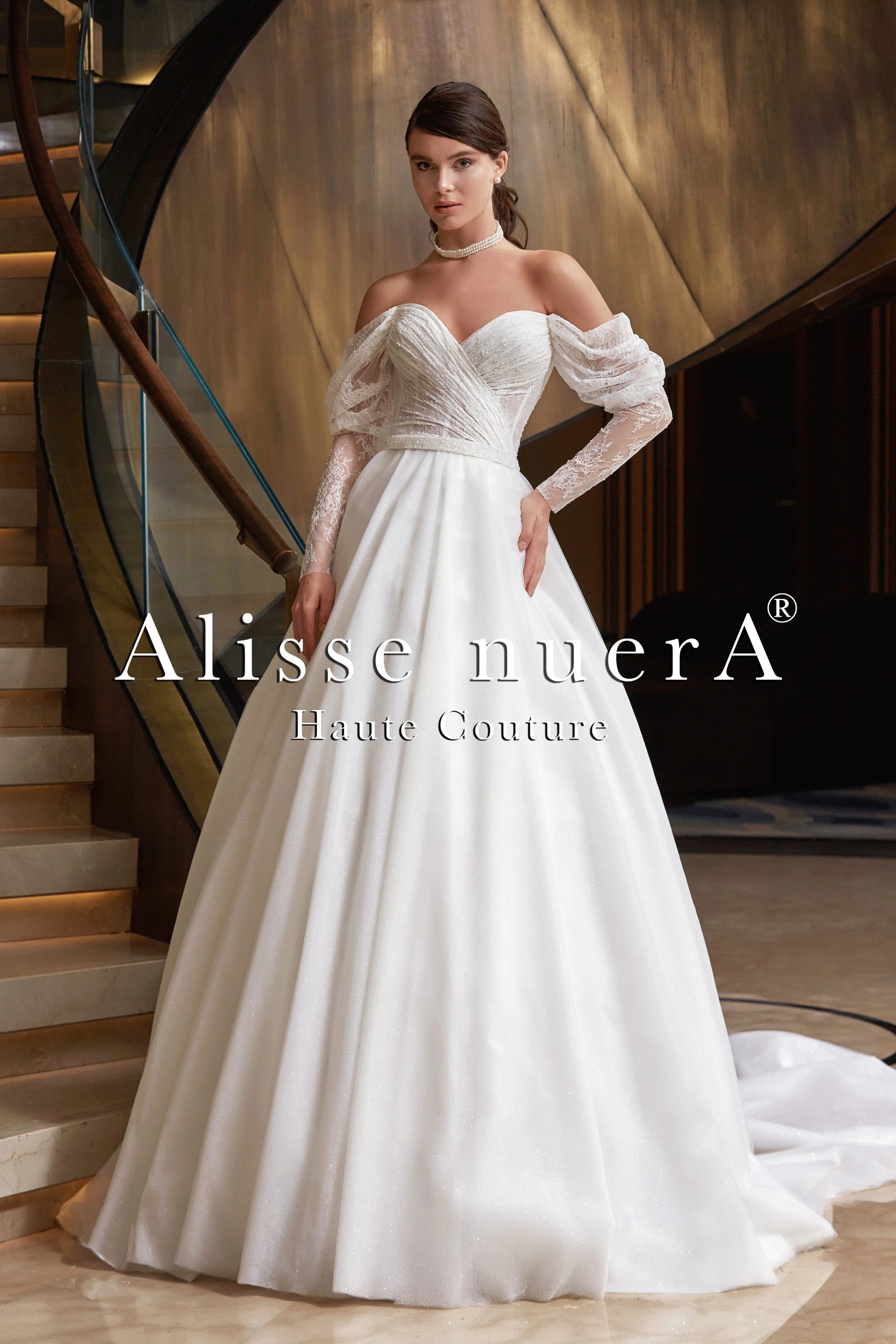 Romantic Off Shoulder Drape Sleeve Surplice Bridal Gown with Sparkling Stone Belt Off White / Lace