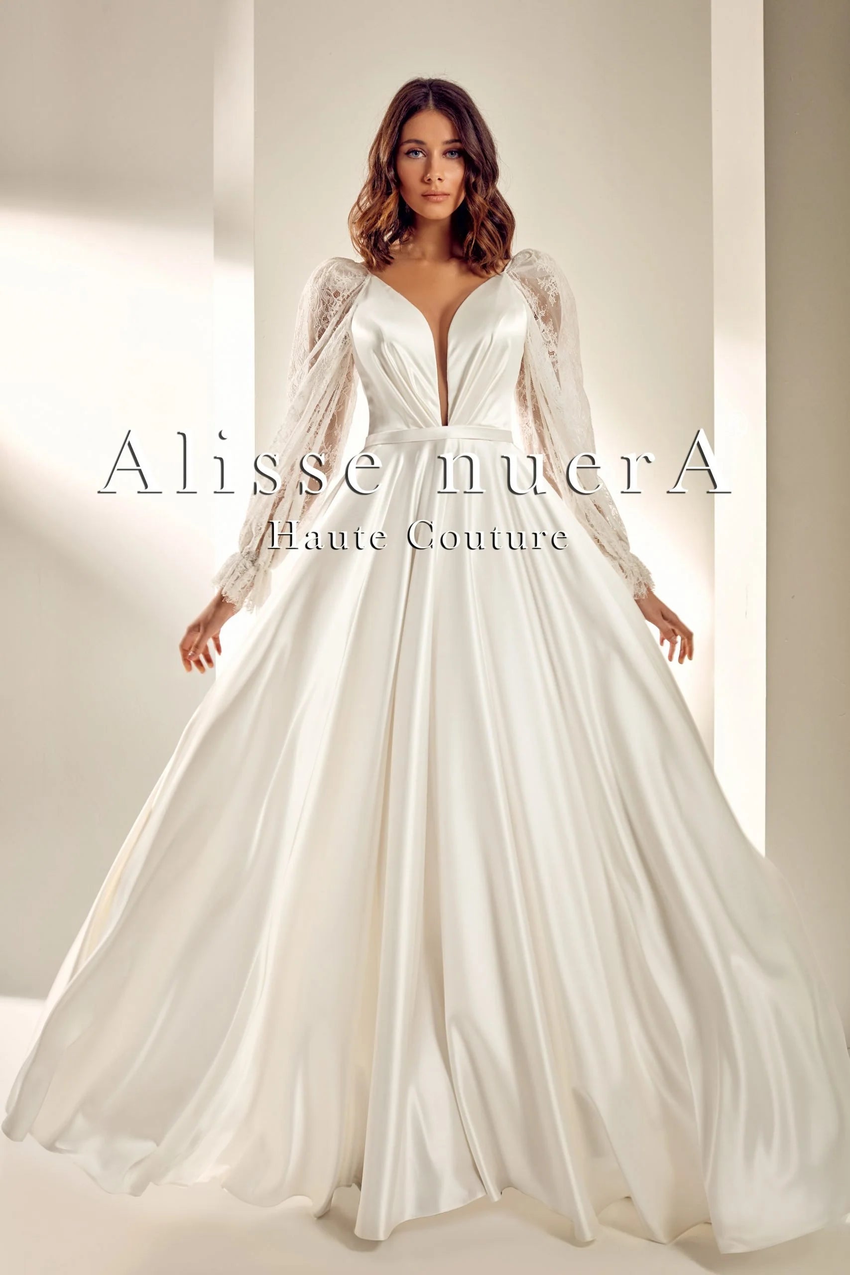 Satin Ivory A Line Cut Bridal Dress with Lace Puff Sleeve Alisse Bridal Satin Ivory A Line Cut Bridal Dress with Lace Puff Sleeve Alisse Bridal