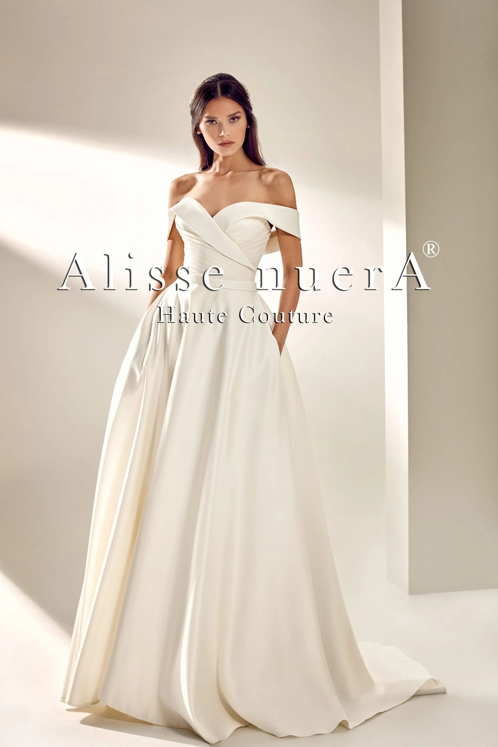 Satin Sweetheart Off Shoulder Draped Wrap Around Wedding Dress 