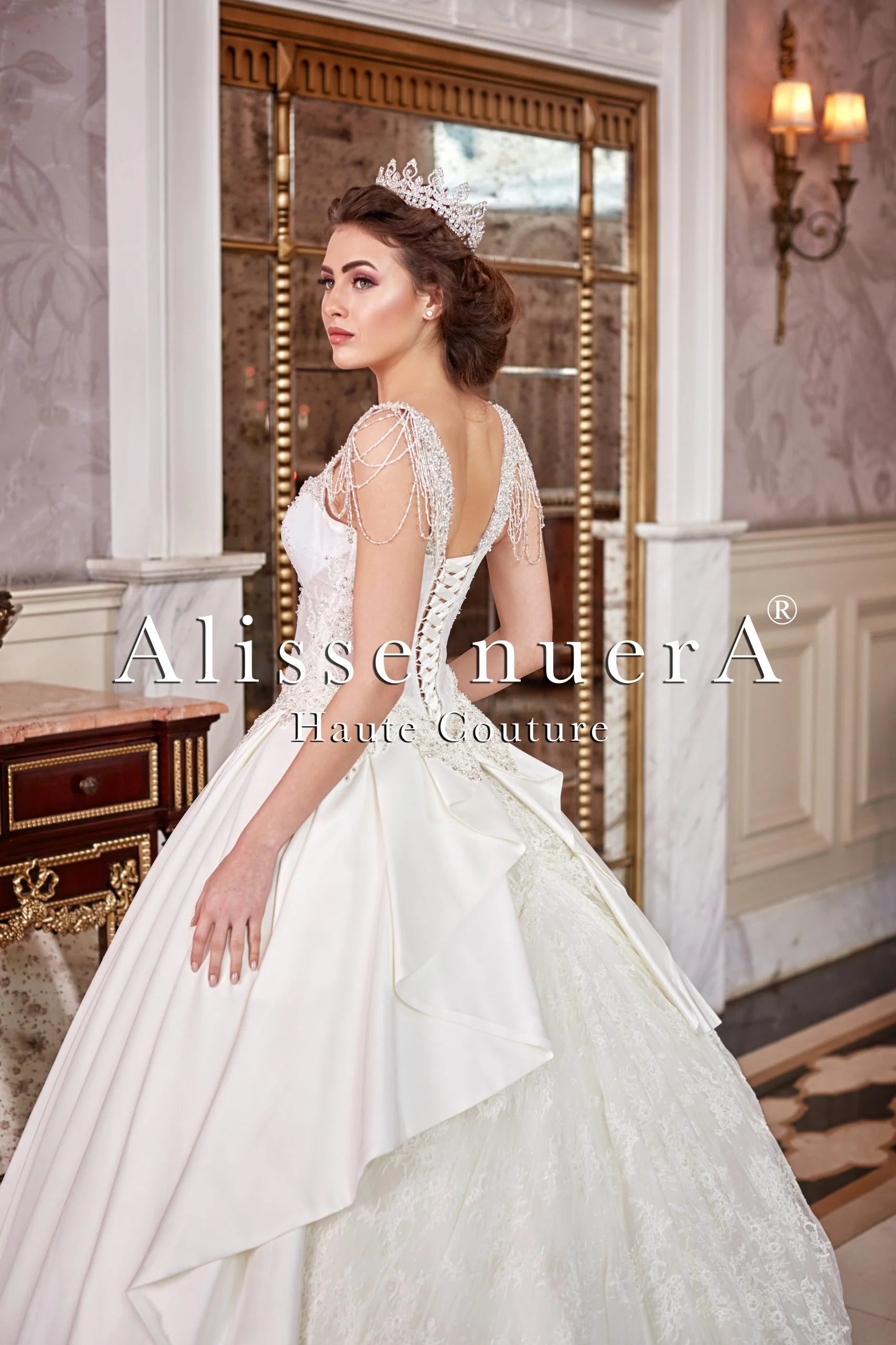 Scoop Neck Silver Crystals Beaded Top Satin Bridal Dress with Lace Panel Train 34 / Off White / Lace Scoop Neck Silver Crystals Beaded Top Satin Bridal Dress with Lace Panel Train 34 / Off White / Lace