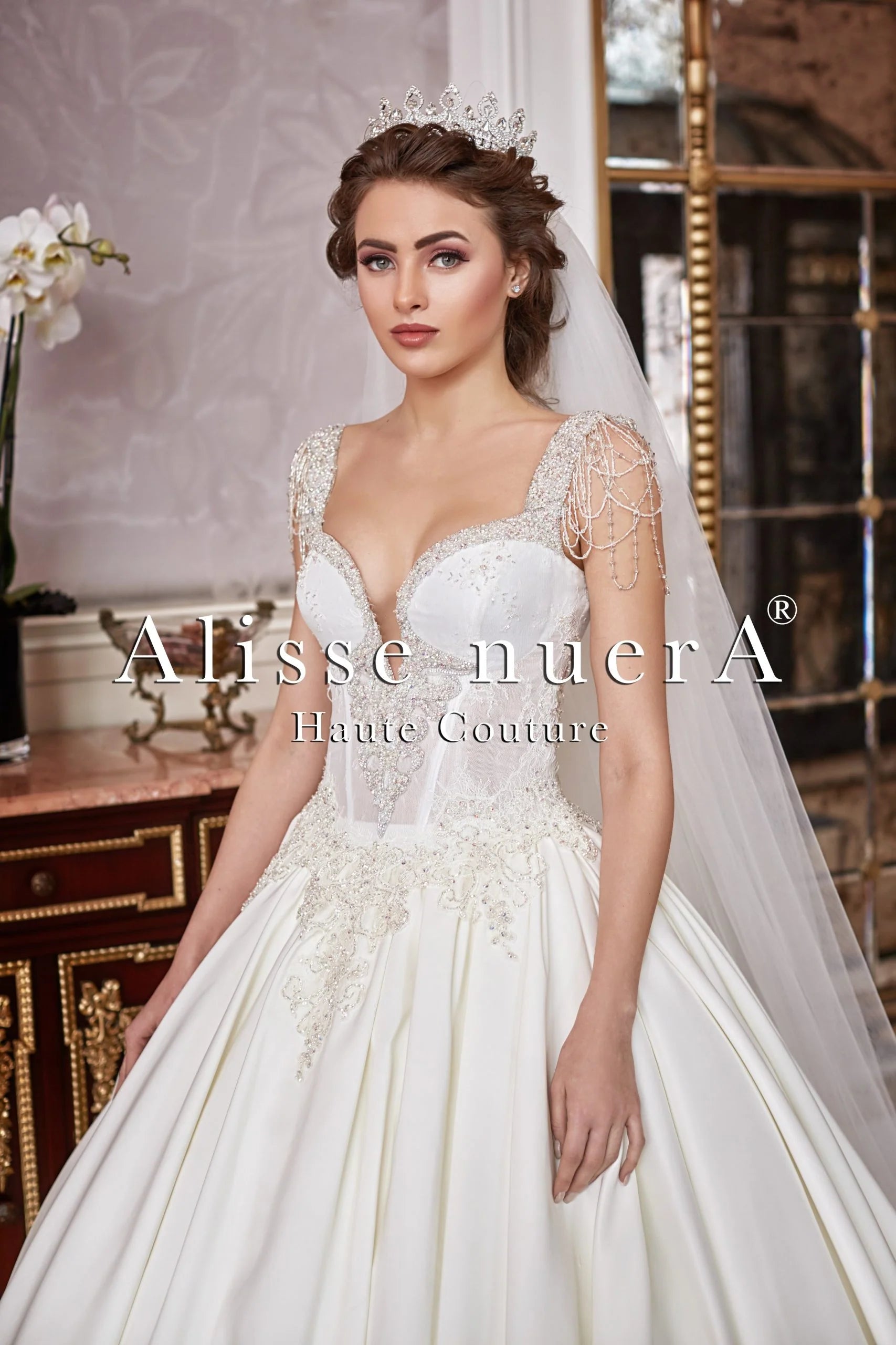 Scoop Neck Silver Crystals Beaded Top Satin Bridal Dress with Lace Panel Train 34 / Off White / Lace