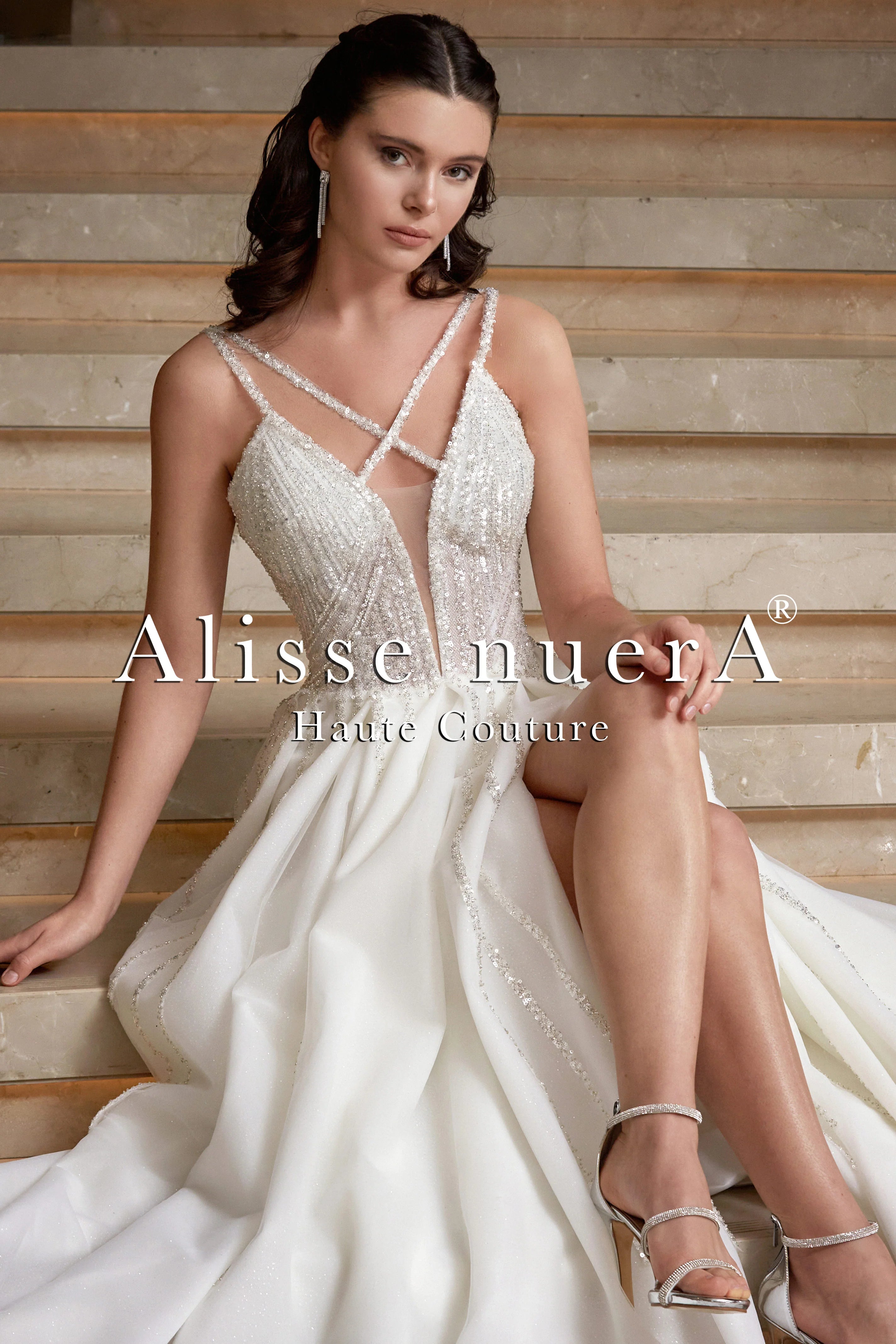 Strappy Sparkling Slit Empire Waist Wedding Dress Model