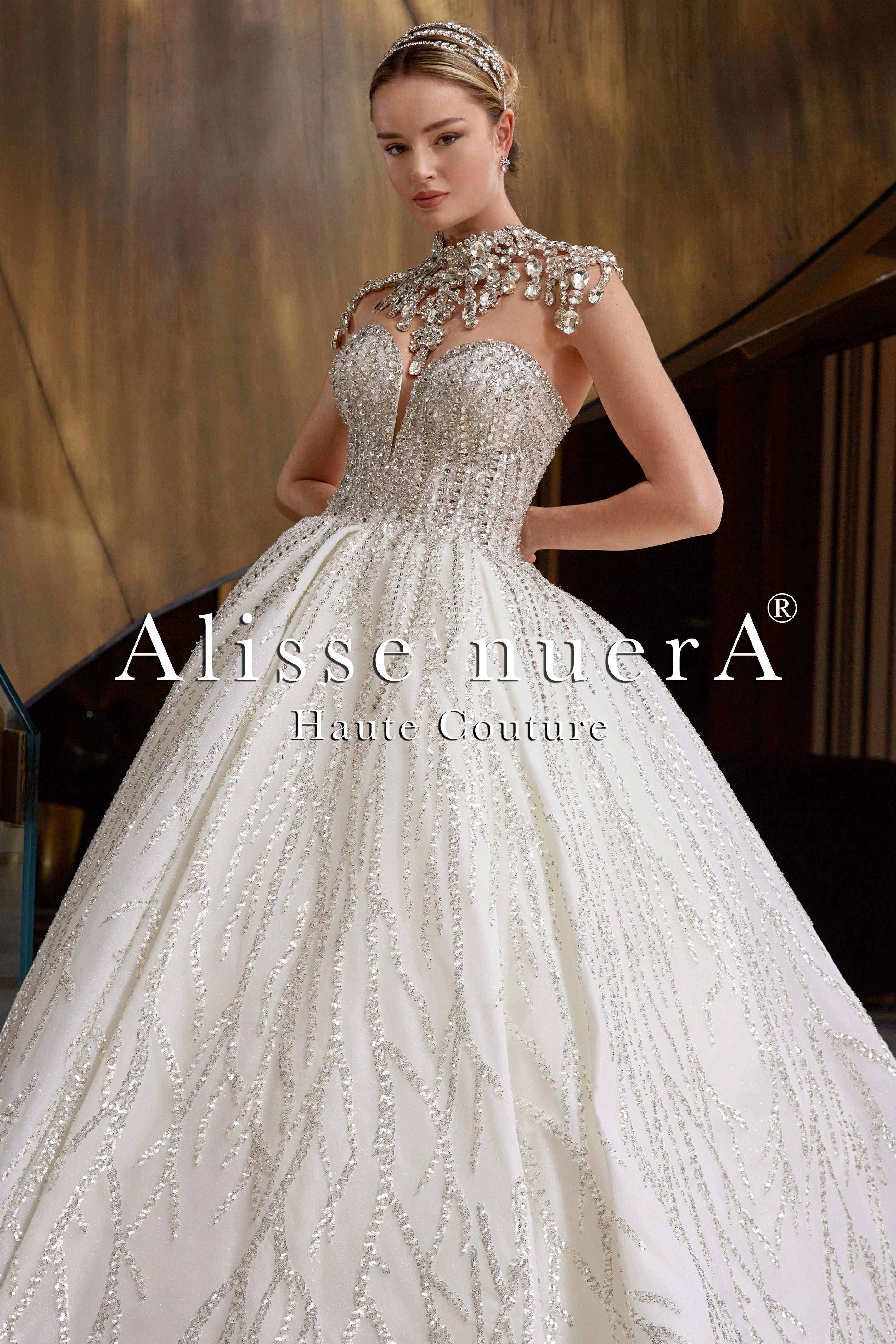 Swarovski Crystals Beaded Shiny Wedding Gown with Rhinestone Embroidery High Neck Piece - Alisse Bridal Off White / Lace / 8 Swarovski Crystals Beaded Shiny Wedding Gown with Rhinestone Embroidery High Neck Piece - Alisse Bridal Off White / Lace / 8