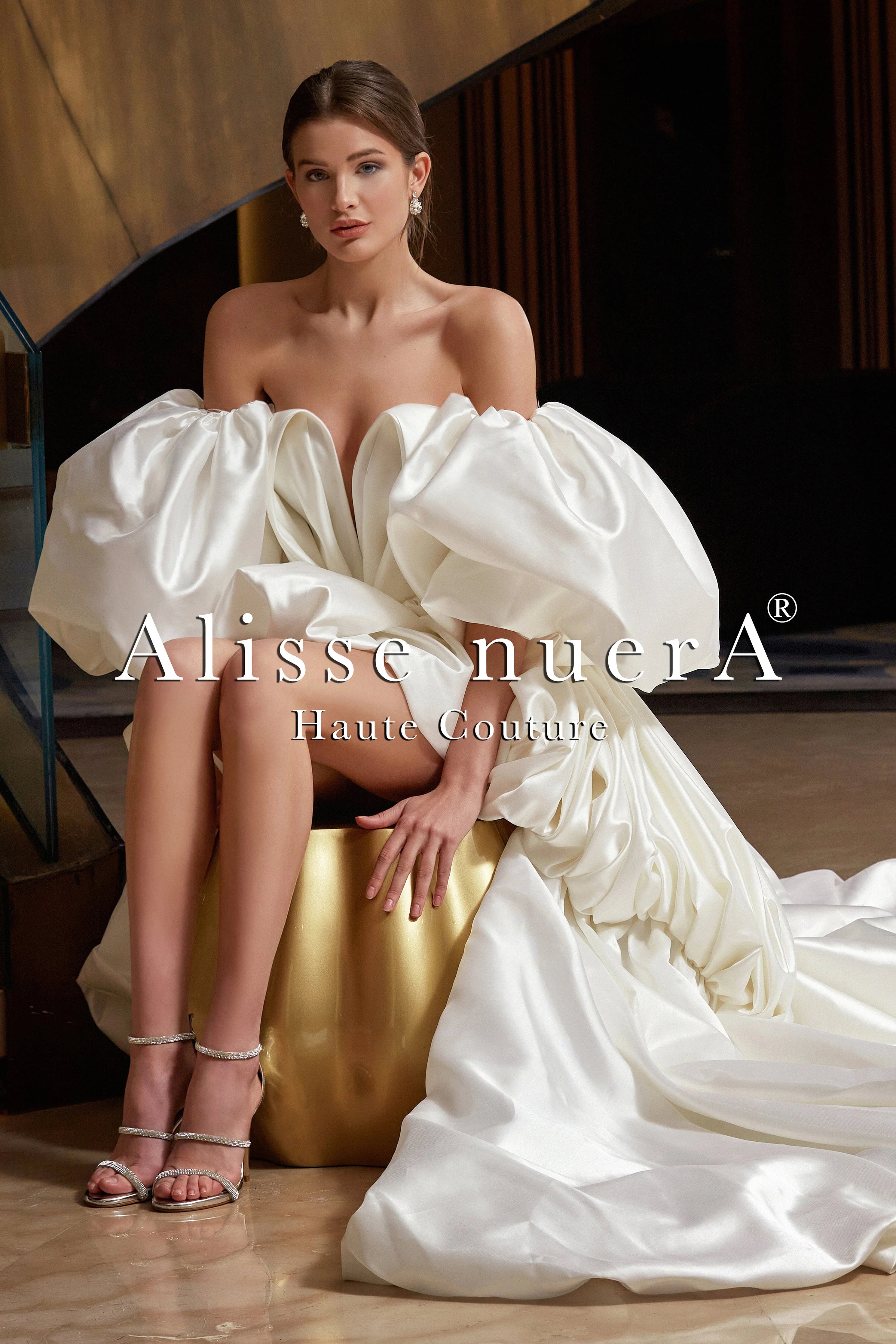 Sweetheart Ivory Satin Mullet Wedding Dress with Balloon Sleeve - Alisse Bridal Off White / Satin / 22 Sweetheart Ivory Satin Mullet Wedding Dress with Balloon Sleeve - Alisse Bridal Off White / Satin / 22
