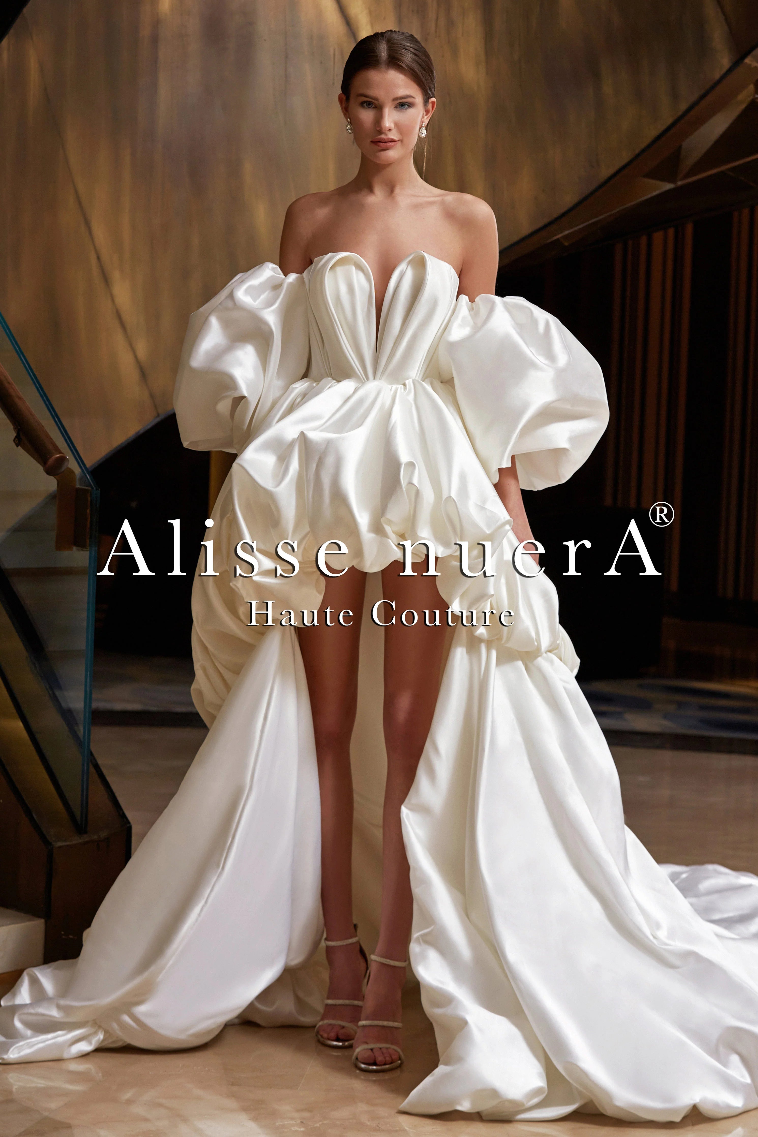 Sweetheart Ivory Satin Mullet Wedding Dress with Balloon Sleeve - Alisse Bridal Off White / Satin / 22 Sweetheart Ivory Satin Mullet Wedding Dress with Balloon Sleeve - Alisse Bridal Off White / Satin / 22