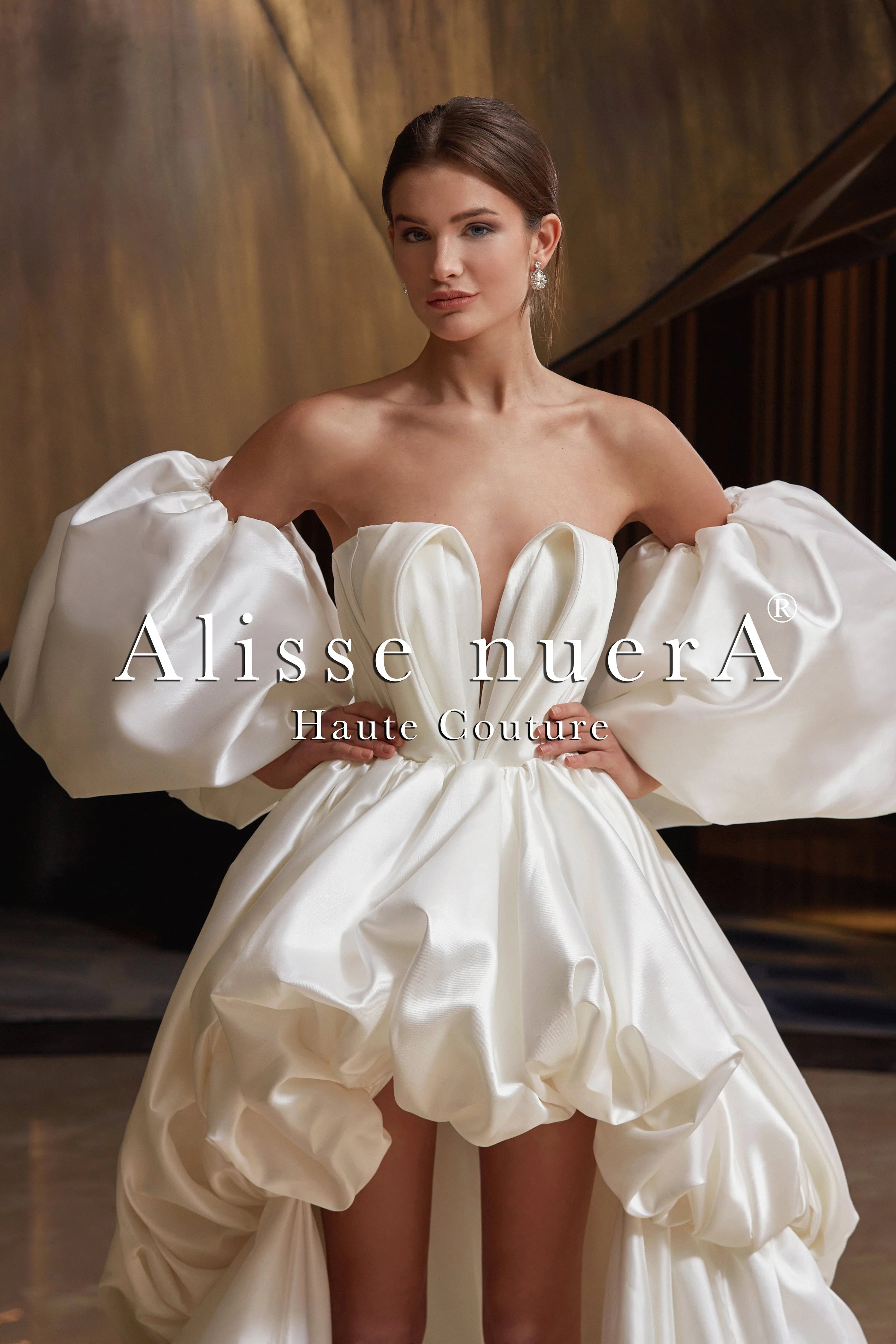 Sweetheart Ivory Satin Mullet Wedding Dress with Balloon Sleeve Sweetheart Ivory Satin Mullet Wedding Dress with Balloon Sleeve