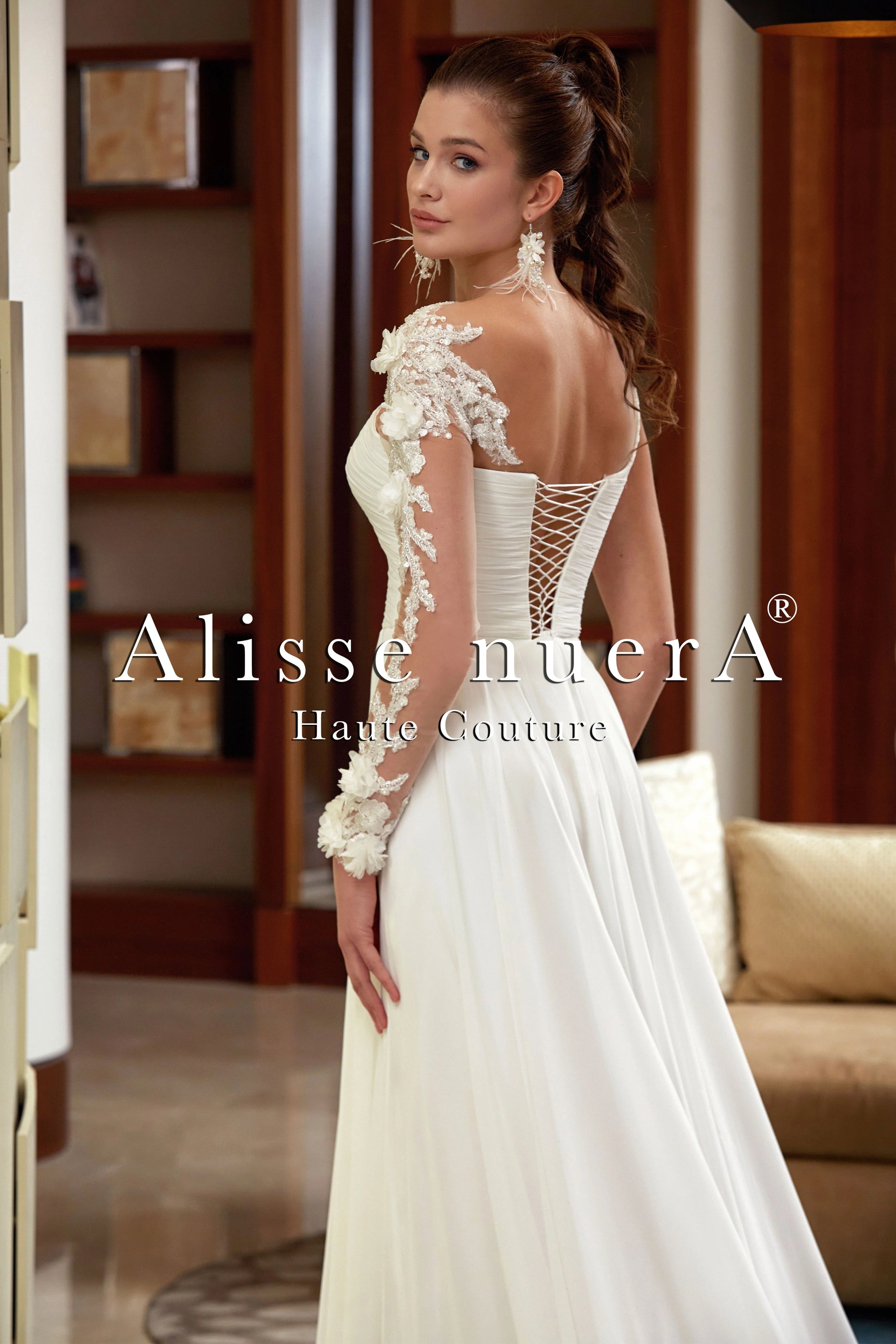 Three-dimensional Lace Slit Wedding Dress with Asymmetrical Sleeves Three-dimensional Lace Slit Wedding Dress with Asymmetrical Sleeves