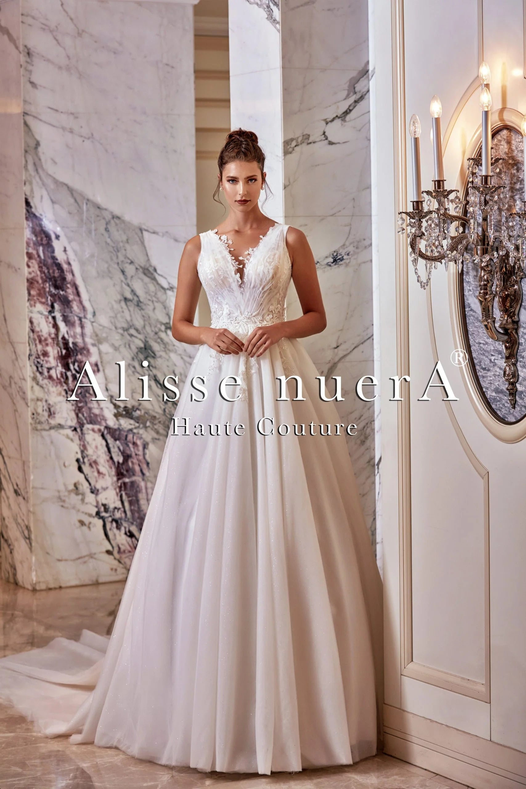 V Neck Floral Scalloped Draped Tulle A Line Off White Bridal Gown - Alisse Bridal V Neck Floral Scalloped Draped Tulle A Line Off White Bridal Gown - Alisse Bridal