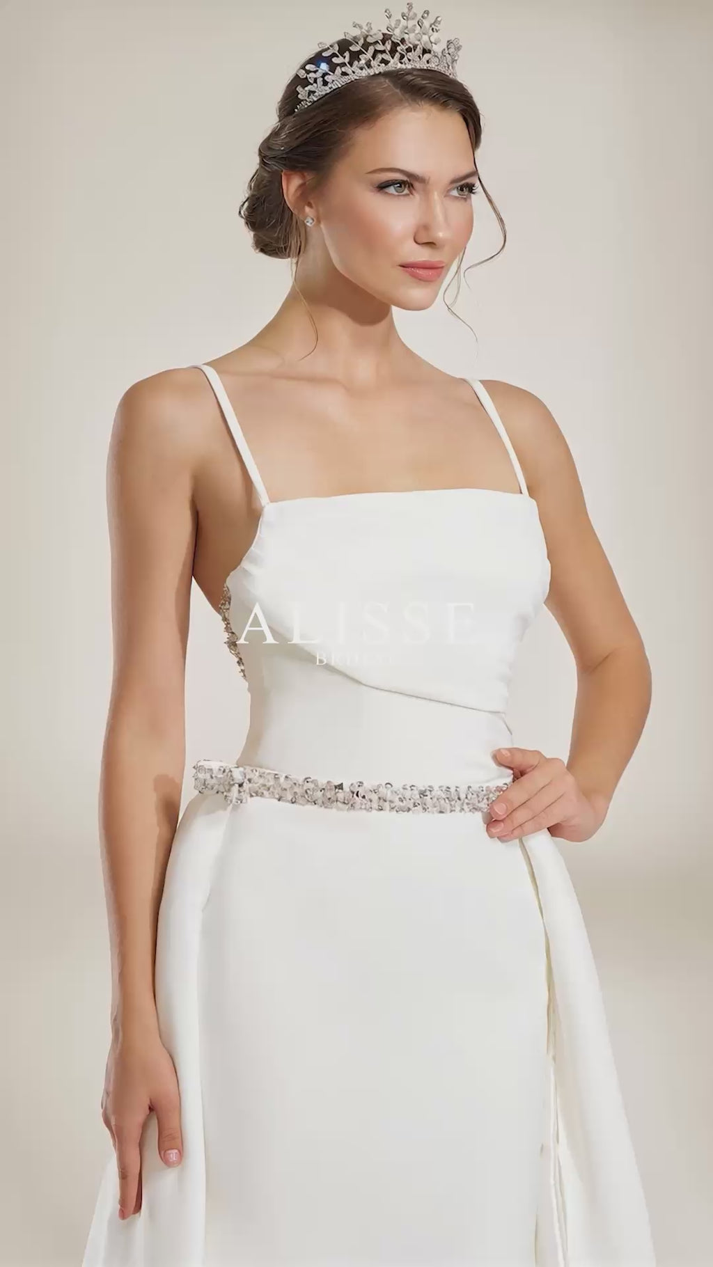 Satin Peplum Wedding Dress with Crystal-embellished Ribbon Belt
