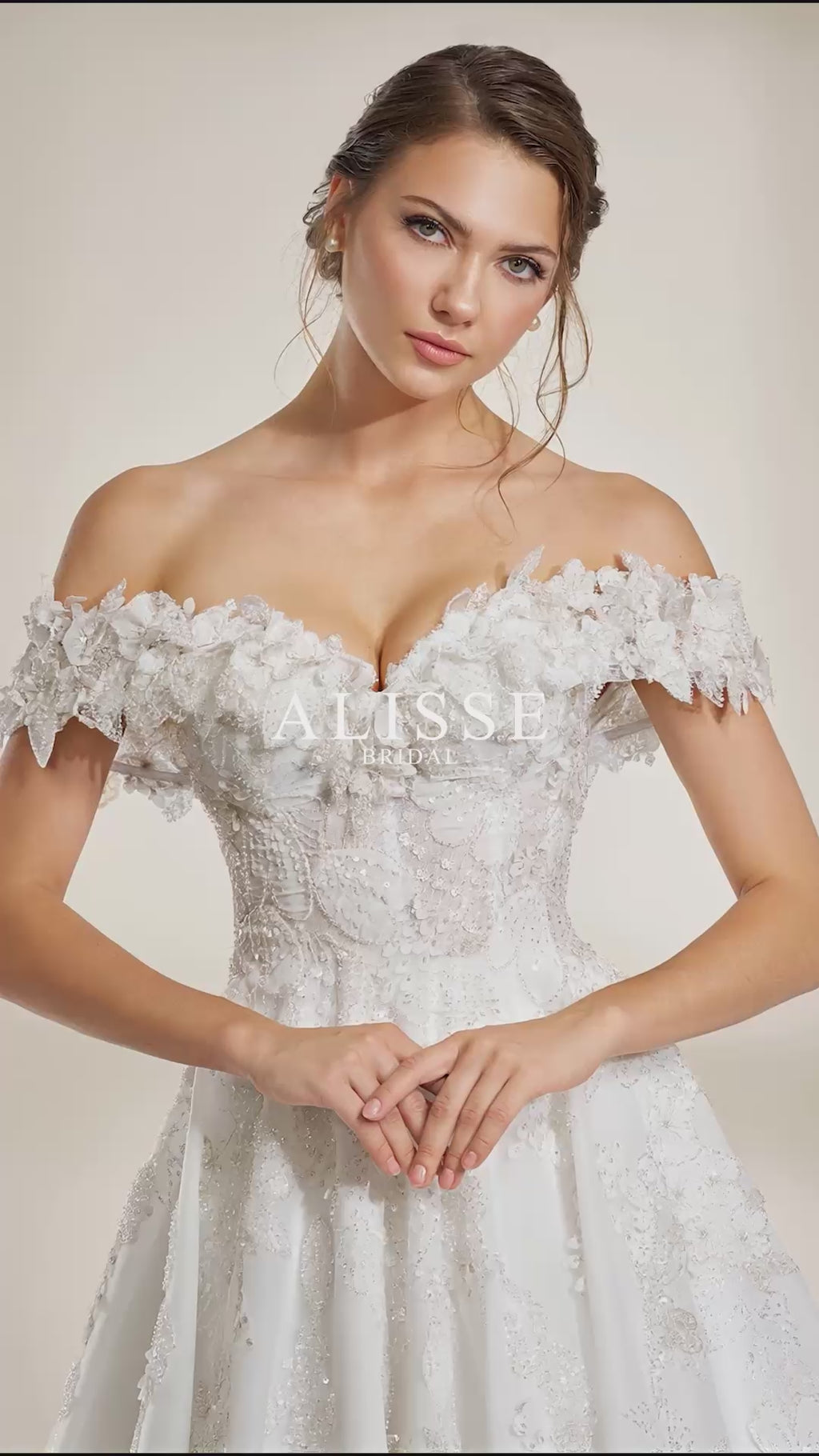 Off the Shoulder A Line Wedding Dress with 3D Leaf Appliqus - Alisse Bridal