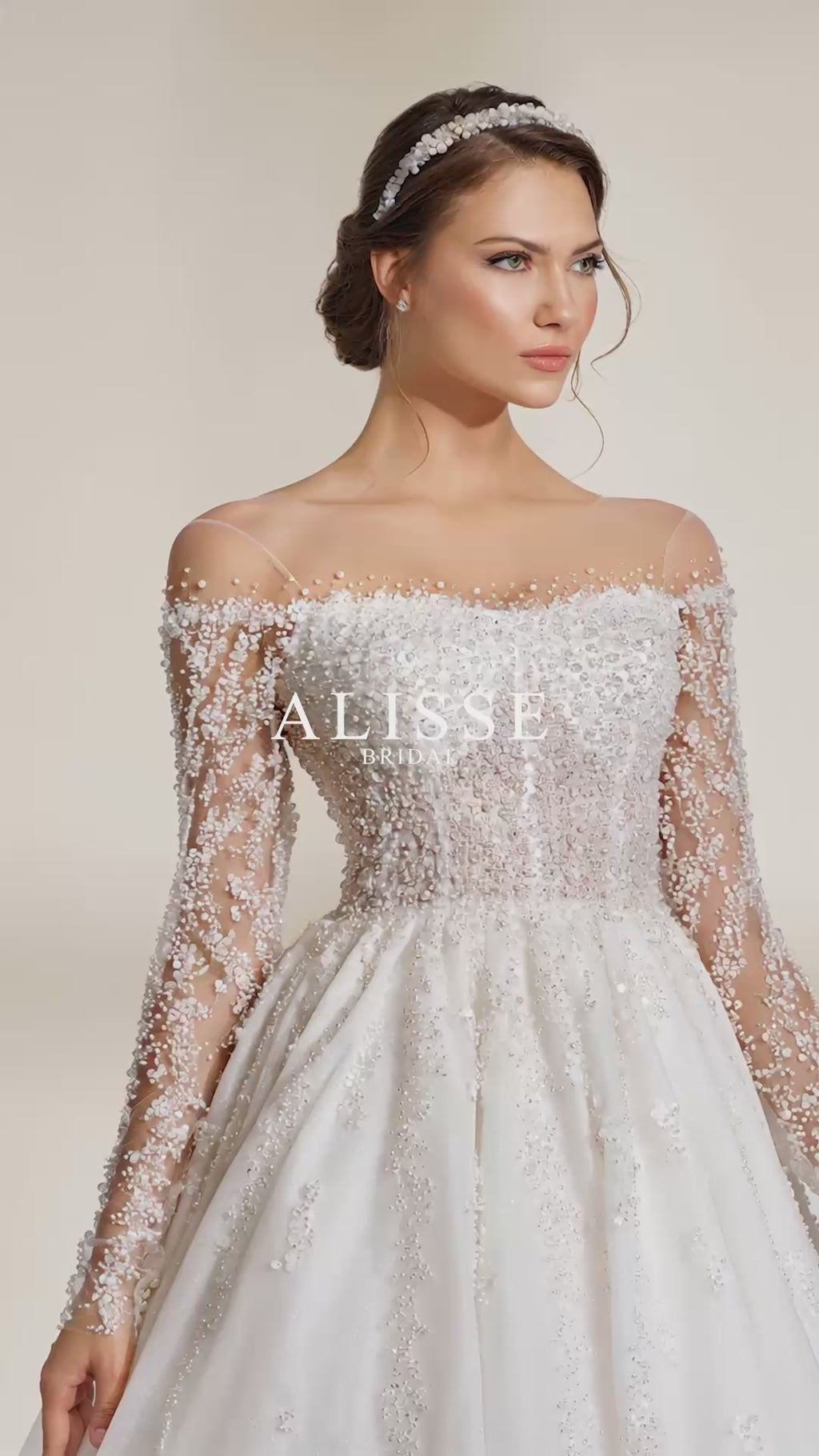 Pearl-Embellished Off-The-Shoulder A-Line Lace Wedding Dress with Long Sleeves